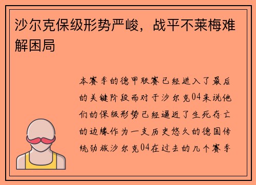 沙尔克保级形势严峻，战平不莱梅难解困局