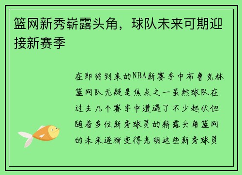 篮网新秀崭露头角，球队未来可期迎接新赛季